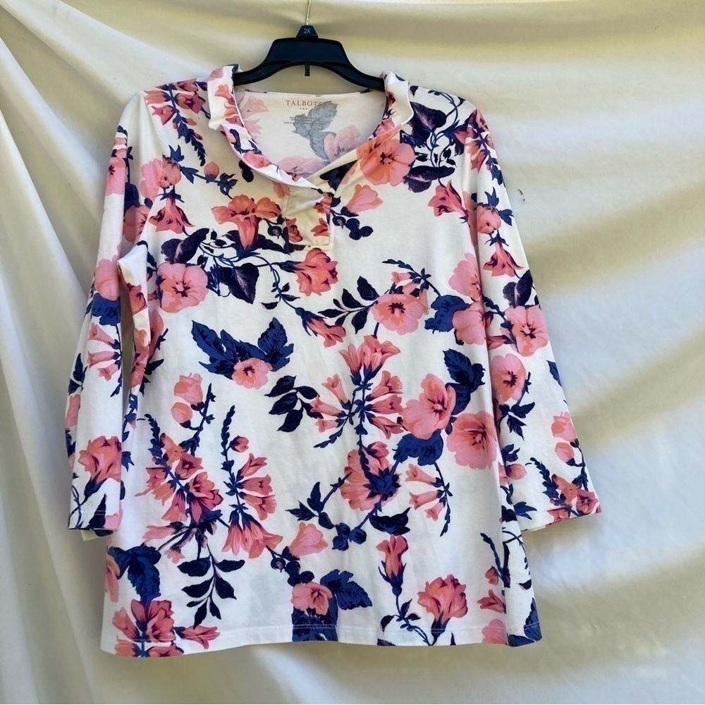 Talbots Floral Shirt White With Pink Flowers Ruffle Collar, Size Medium